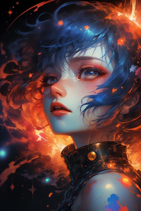 (Dramatic Painting:1.3) of a photo of a girl, gothic, moon, night, particles, sparkles, flames,(cyberpunk:1.2),(close portrait:1.3),(Feminine:1.4),(beautiful:1.4),(attractive:1.3),handsome,calendar pose,perfectly detailed eyes,studio lighting,thematic background, shiny, shiny hair, shiny skin, shiny clothes