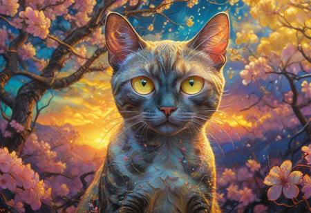 PsychadelicChaos, absurdres, high resolution, detailed, stylized by Alex Ross, Marc Silvestri, photograph, close up of a In a surreal landscape, the iconic Siamese Cat psychadeliced in a vibrant Enticing Yellow psychadelic is seen in front of a backdrop of cherry blossom flowers. at Sunset, Light, Gadgetpunk, Cold Lighting, Kodak portra 800, 80mm, One Color, <lora:Upgraders\Detail Tweaker XL:1.0>, <lora:Challenge\aidmaPsychadelicChaosWorldMorphXL-V0.1:1.0>