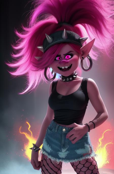 QueenPoppy,pink hair, ponytail, pink eyes,pointy ears, solo, happy, cowboy shot, 
standing,  earrings,  
black shirt with skull, wild hair, ear pericing, black eyeshadow, headband with spikes, fishnets, jean skirt, flames, speakers,
(insanely detailed, beautiful detailed face, masterpiece, best quality)
 <lora:QueenPoppy-10v7:0.8>