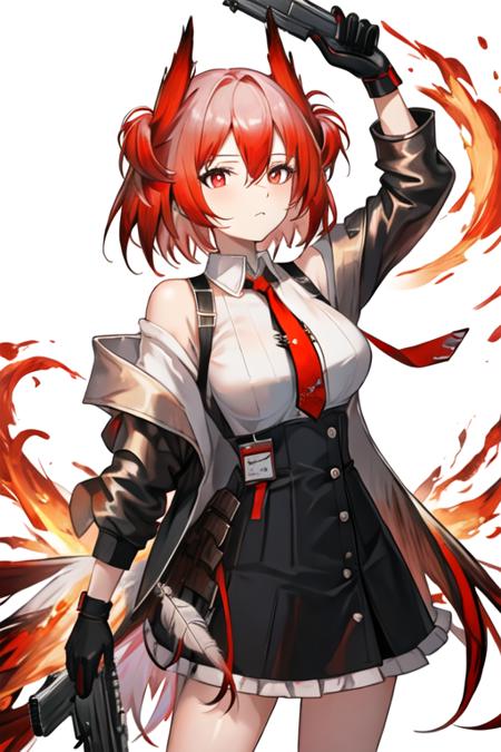 best quality, masterpiece, highres, solo, {fiammetta_arknights:1.15}, red_hair, red_eyes, short_hair, animal_ears, necktie, red_necktie, bird_ears, upper_body, hair_between_eyes, breasts, closed_mouth, feather_hair, 1girl, black_gloves, black_jacket, black_skirt, collared_shirt, cowboy_shot, fire, gloves, gun, holding, holding_gun, holding_weapon, jacket, open_clothes, open_jacket, shirt, skirt, weapon, white_shirt, high-waist_skirt, id_card, medium_breasts, looking_at_viewer, off_shoulder