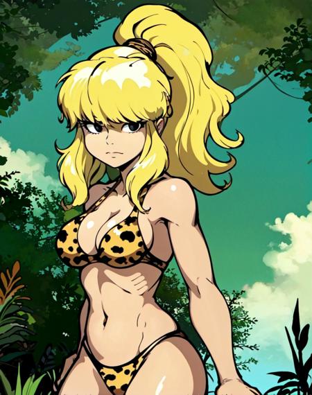 <lora:Julie_Winters_V2:.75> julie winters, jungle queen, wearing a leopard print bikini, (black eyes), blonde hair, solo, high ponytail, outdoors, jungle background (best quality:1.2)