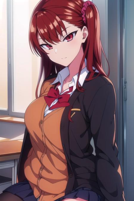 izuminogami, <lyco:izuminogami-lyco-nochekaiser:1>, 
izumi nogami, red hair, one side up, medium hair, scrunchie, (red eyes:1.5),
BREAK skirt, school uniform, pleated skirt, shoes, socks, cardigan, brown cardigan,
BREAK looking at viewer,
BREAK indoors, classroom,
BREAK <lora:GoodHands-vanilla:1>, (masterpiece:1.2), best quality, high resolution, unity 8k wallpaper, (illustration:0.8), (beautiful detailed eyes:1.6), extremely detailed face, perfect lighting, extremely detailed CG, (perfect hands, perfect anatomy),