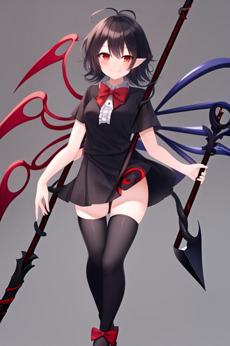 masterpiece, best quality, highres, solo, {houjuu_nue_touhou:1.10}, black_hair, wings, asymmetrical_wings, red_eyes, short_hair, bow, smile, zettai_ryouiki, snake, polearm, bowtie, red_bow, trident