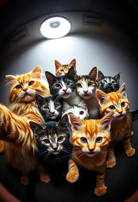 (Soft Lighting Photography by Mimoza Veliu and Mario Giacomelli:1.2), 8 cats take a selfie, including on long hair yellow cat, one orange strips cat, two 3-color cat, one black kitten, two grey kittens, and one short hair yellow kitten, in the style of fisheye effects, somber mood, strong facial expression, tilt shift . High dynamic range, vivid, rich details, clear shadows and highlights, realistic, intense, enhanced contrast, highly detailed