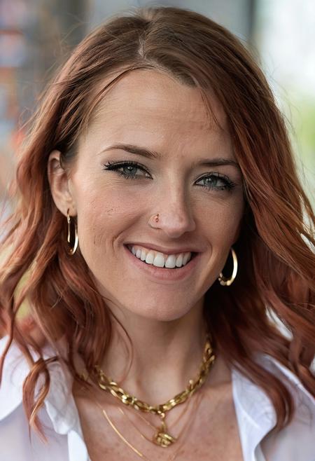 (super-high resolution), (intricate detail), (highest quality), nsfw, brtny woman, white blouse necklace, earrings, bangles, glossy lips, eyeliner, BREAK, professional modelling photography, high quality camera, skim blemishes, smile, red hair<lora:LowRA:0.3>