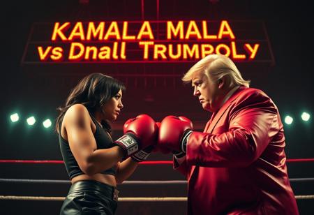 “Kamala Harris and Donald Trump in a dramatic, Tarantino-inspired showdown within a gritty wrestling ring. The scene is bathed in the warm, cinematic glow of Panavision Prime cine lenses, capturing deep contrasts and striking color science. Above the fighters, a massive neon sign in intense orange and green letters reads ‘KAMALA MALA Vs. Donald Trumpoly,’ casting an eerie, retro glow over the ring. Kamala, in sleek, dark boxing attire, and Trump, in a flamboyant wrestling outfit, face off with fierce, determined expressions, their poses reminiscent of classic Tarantino tension. The lighting is moody, with a focus on gritty textures and rich tones, giving the scene a suspenseful, high-stakes energy.”