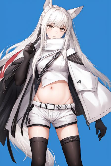 <lora:Platinum:0.8>,platinum, platinum (arknights), 1girl, solo, long hair, animal ears, navel, shorts, gloves, black gloves, midriff, two-tone background, white hair, horse ears, stomach, thighhighs, white shorts, looking at viewer, tail, bangs, short shorts, standing, elbow gloves, crop top, hand up, horse tail, white background, cowboy shot, black thighhighs, horse girl, animal ear fluff, white jacket, very long hair, boots, belt, high collar, quiver, jacket, blue background, black footwear