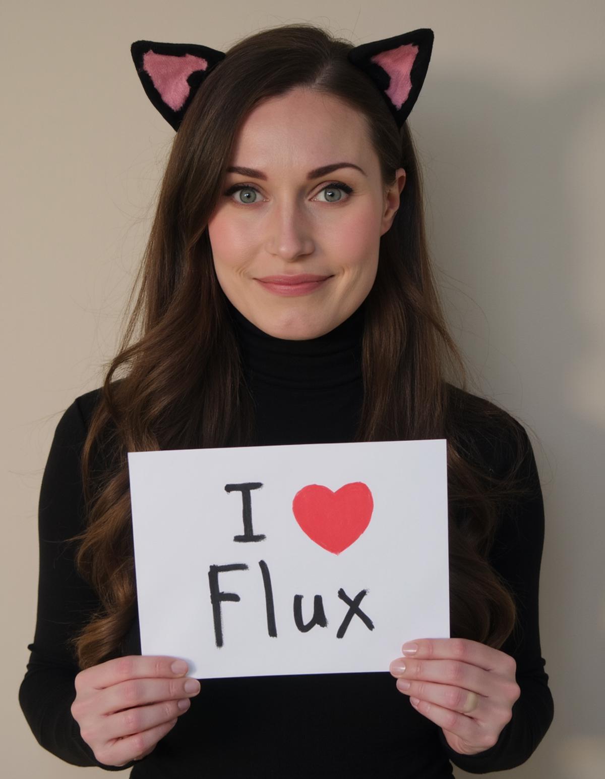 A photo of Sanna Marin dressed up as a catgirl, with cat ears and a cat tail, wearing a black turtleneck shirt. She is holding a sign saying "I <3 Flux"