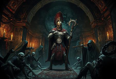"Create a high-definition, highly detailed, lifelike digital illustration inspired by the golden ratio, featuring a Heroic Challenger - a Spartan in a dark, necromancer-themed sanctuary. Incorporate elements such as samurai chains, undead, a hooded sorceress holding a cane, noxious atmosphere, and a highly detailed environment with dark lighting. Take inspiration from Joe Jusko, Artgerm, Greg Rutkowski, and Alphonse Mucha. Consider 3D printing for added texture. Present in 8K resolution, suitable for ArtStation, DeviantArt, and official art features, capturing the maximalist style."