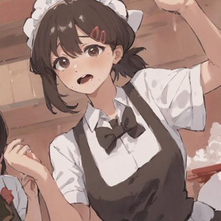 A masterpiece anime professional illustration of a woman named Higashiyama Kobeni dancing wearing waitress outfit, closeup portrait, mole <lora:kobeni_xl-000012:1>