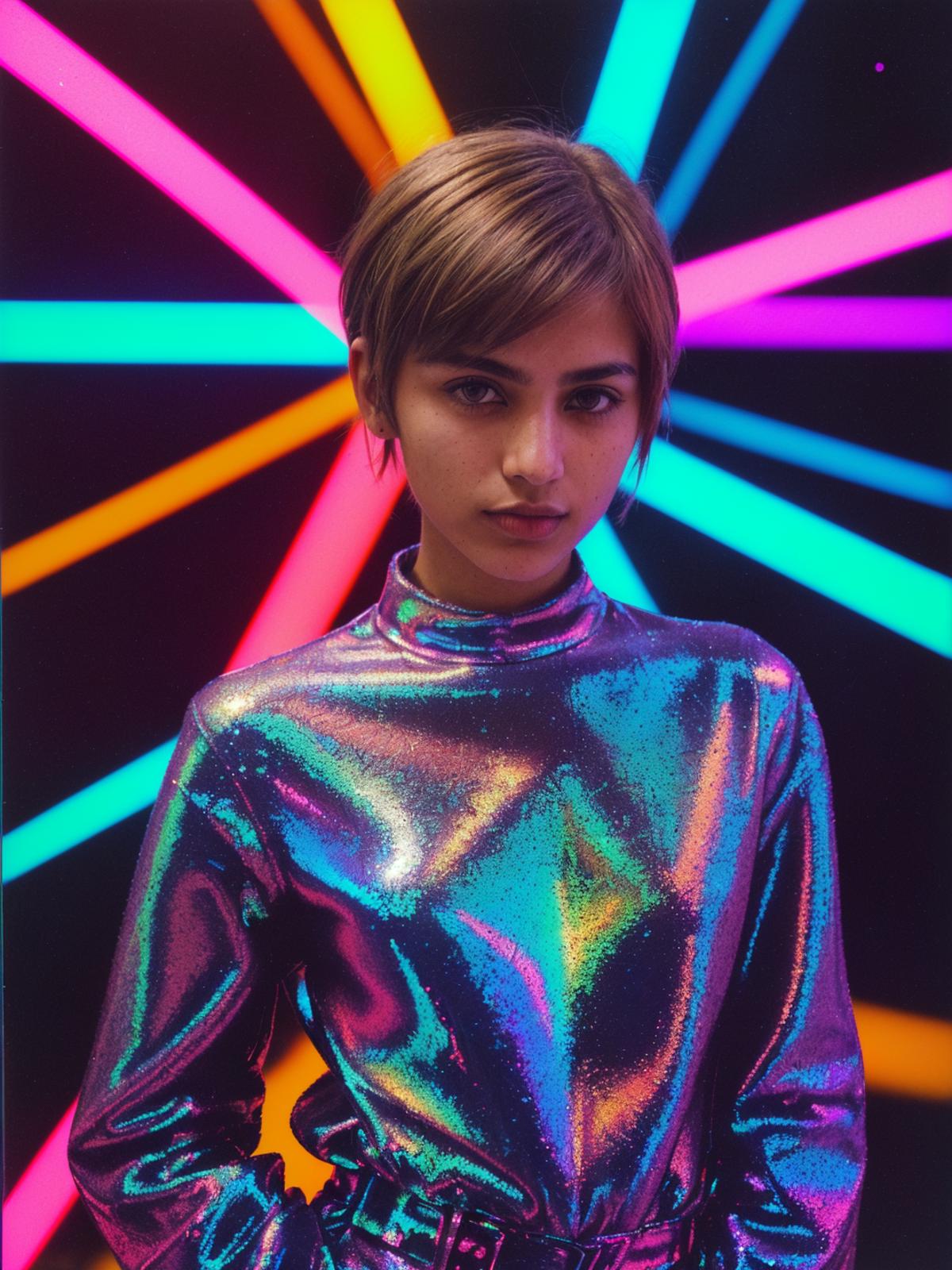 A woman wearing a shiny, metallic shirt stands in front of a colorful background.