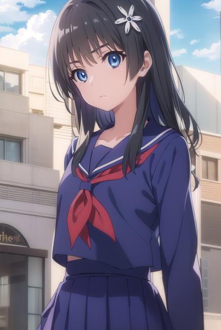 satenruiko, <lora:ruiko saten s3-lora-nochekaiser:1>, 
saten ruiko, black hair, blue eyes, long hair, hair ornament, flower ornament,
BREAK blue skirt, pleated skirt, sakugawa school uniform, school uniform, serafuku, skirt, summer uniform,
BREAK outdoor, city, sky, sun, clouds,
BREAK looking at viewer, (cowboy shot:1.5),
BREAK <lyco:GoodHands-beta2:1>, (masterpiece:1.2), best quality, high resolution, unity 8k wallpaper, (illustration:0.8), (beautiful detailed eyes:1.6), extremely detailed face, perfect lighting, extremely detailed CG, (perfect hands, perfect anatomy),