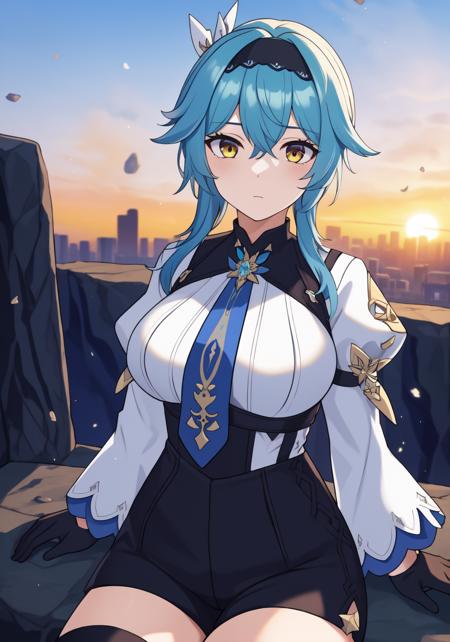 ((masterpiece)), (best quality:1.7), (detailed:1.4), (high res:1.4), 8k, (colorful:1.5), 2d, high resolution, sharped image, 4k, hd, eula_genshin, 1girl, (((solo))), blue hair, yellow eyes, medium hair, hair between eyes, hair ornament, white bodysuit, thigh_boots, big breasts, long sleeves, gloves, detailed custome, alternative custome, white shirt, high-waist shorts, clothing cutout, blue necktie, hairband, harness, puffy sleeves, cowboy shot, middle body, thighs, minicape,city, sunset, cavern, particles, ornament sleeves, cinematic shadows, sad, ((sitting)), ((bare hands)), <lora:eula_genshin:0.6>, <lora:thickerLinesanimeStyle:0.6>