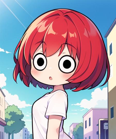 masterpiece, best quality, <lora:GT640V1:0.4>, chibi, 1girl, red hair, short hair, white t-shirt, :o, sky, looking at viewer, upper body, from side, street, <lora:hotarueye_comic4_v100:0.9>