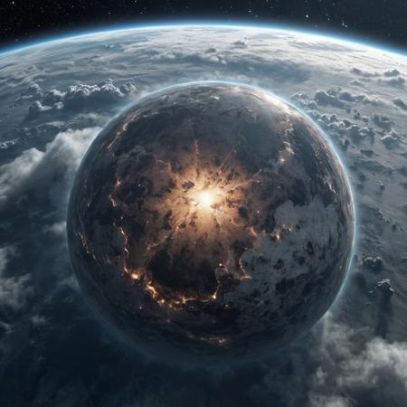 view from space on an ancient planet shrouded in clouds, a dying star in the background