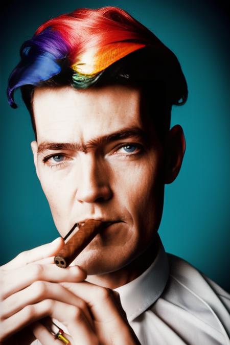 analog style, modelshoot style, portrait of sks man with a cigar in the mouth by Flora Borsi, style by Flora Borsi, bold, bright colours, rainbow Mohawk haircut, ((Flora Borsi)) <lora:cortazar:1>