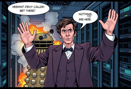 In the foreground, David John Tennant as Doctor Who waves his arms to attract attention and says "nothing to see here", behind him a burning Dalek drives, in the background, server racks smoke and spark. Inner server room. Comic style.
