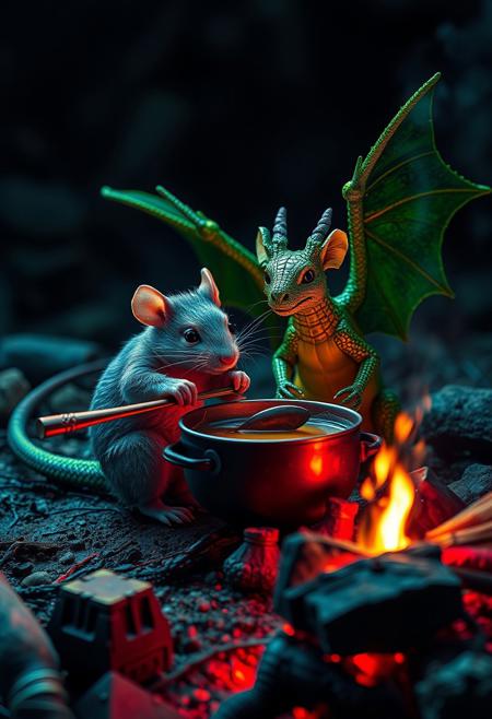 surreal VFX, nano-rat stirring broth on a campfire with a steel red spoon, sitting with the  green nano-dragon with dark green wings seen under an electron scanning microscope, with details, vivid colors