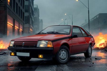 analog gloomy photo of a red Renault Fuego car, <lora:fu3g0:1>, (crashing other cars in a race to the death in the city (at night)), urban street ruins in the background, apocalyptic war, fire in the back, (nighttime), High Detail, Sharp focus, ((photorealism)), flares, realistic, best quality, 8k, award winning, dramatic lighting, epic, cinematic, masterpiece, depth of field