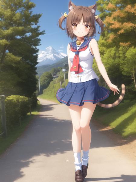 <lora:Neko-v1:0.7>, azu_home, 1girl, solo, brown hair, cat ears, brown eyes, skirt, cat tail, short hair, jingle bell, shoes sleeveless, neck bell, two side up, school uniform, pleated skirt, white serafuku, socks, hair ornament, collar, white socks, striped tail, sleeveless shirt, blush, sailor collar, short twintails, blue skirt, (mountains, forest, outdoors:1.0), realism, standing, full body, smile, tail