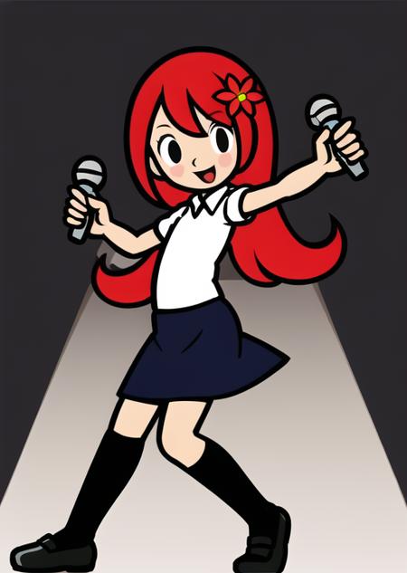 rhythm_heaven, 1girl, white shirt, blue skirt, black socks, black shoes, red hair, long hair, holding microphone, dancing, hair flower, short sleeves, <lora:RhythmHeavenTest6:0.7>