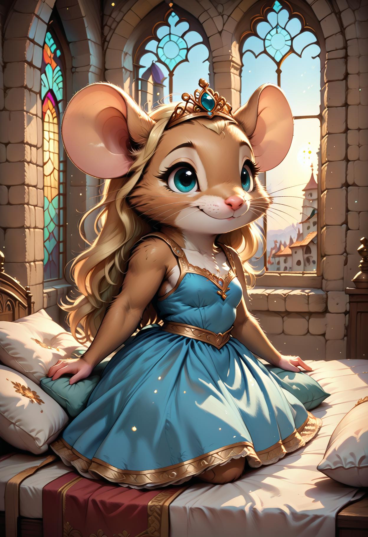 score_9, score_8_up, score_7_up, m0use_goldie, female, anthro furry mouse, (brown fur:1.5), (fluffy), (((long blonde hair))), aqua eyes, small breasts, [[shortstack]], princess, tiara, blue dress, by window, lying on pillows, lounging, smiling, palace, stained glass window, sunset, bokeh, mazesandmice, from side <lora:MegaFluffyPony:0.4> <lora:Goldie_epoch_12:0.5> <lora:MazesMicePony:1>