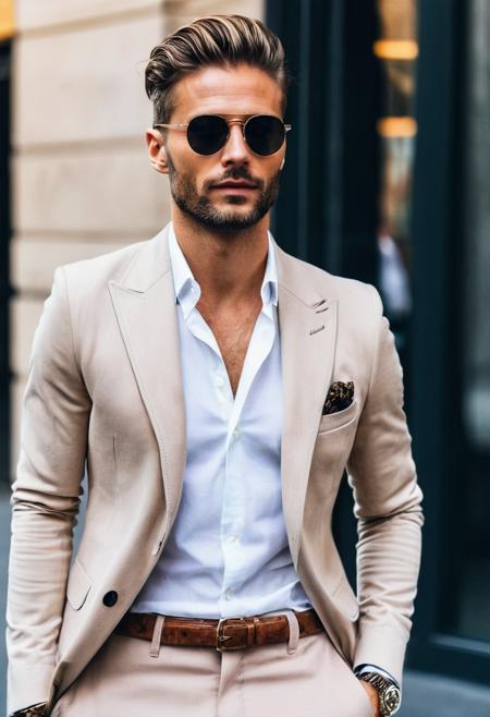 street style photo, half body, beautiful man, 30 years old,  Classic Fashion, luxurious outfit