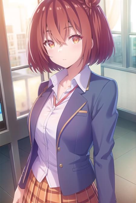 maonanjou, <lora:mao nanjou s1-lora-nochekaiser:1>,
mao nanjou, long hair, (orange eyes:1.3), red hair, side ponytail,
BREAK skirt, school uniform, jacket, plaid, plaid skirt, blazer,
BREAK indoors, classroom,
BREAK looking at viewer,
BREAK <lyco:GoodHands-beta2:1>, (masterpiece:1.2), best quality, high resolution, unity 8k wallpaper, (illustration:0.8), (beautiful detailed eyes:1.6), extremely detailed face, perfect lighting, extremely detailed CG, (perfect hands, perfect anatomy),