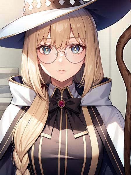 (extremely detailed CG), (best quality), 1girl, perfect face, absurdly long hair, bright pupils, (finely detailed beautiful eyes), TonelicoFate, witch hat, glasses, braid, low side ponytail, wide sleeves, white robe, book, staff, ribbon,  <lora:TonelicoFate:0.65>