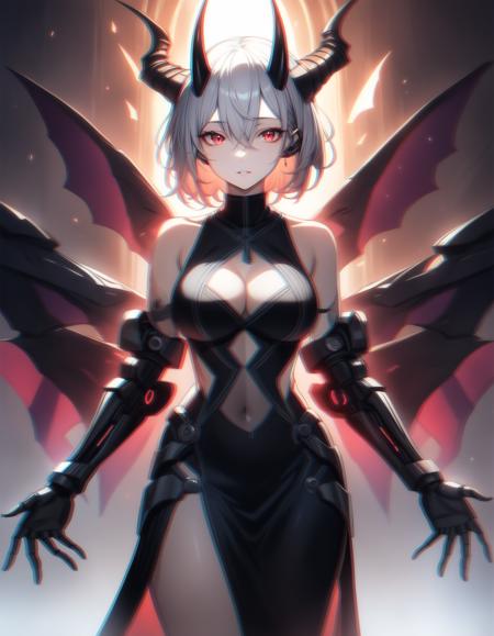 1girl, solo, breasts, looking_at_viewer, short_hair, bangs, large_breasts, red_eyes, gloves, dress, cleavage, hair_between_eyes, bare_shoulders, jewelry, standing, white_hair, cowboy_shot, parted_lips, wings, horns, sleeveless, black_gloves, elbow_gloves, signature, black_dress, bracelet, clothing_cutout, covered_navel, tattoo, sleeveless_dress, cleavage_cutout, demon_girl, demon_horns, pelvic_curtain, side_slit, backlighting, demon_wings,sunbeam, pale_skin, expressionless, cyberpunk, multiple mechanical_wings,mechanical_legs,mechanical_eyes,mechanical_arms,clawed_gauntlets, cyborg, chromatic_aberration, nice hands, perfect hands,
masterpiece,best quality,illustration,water paint,  painting_(medium), eldritch_abomination,sacred, 　rating: general