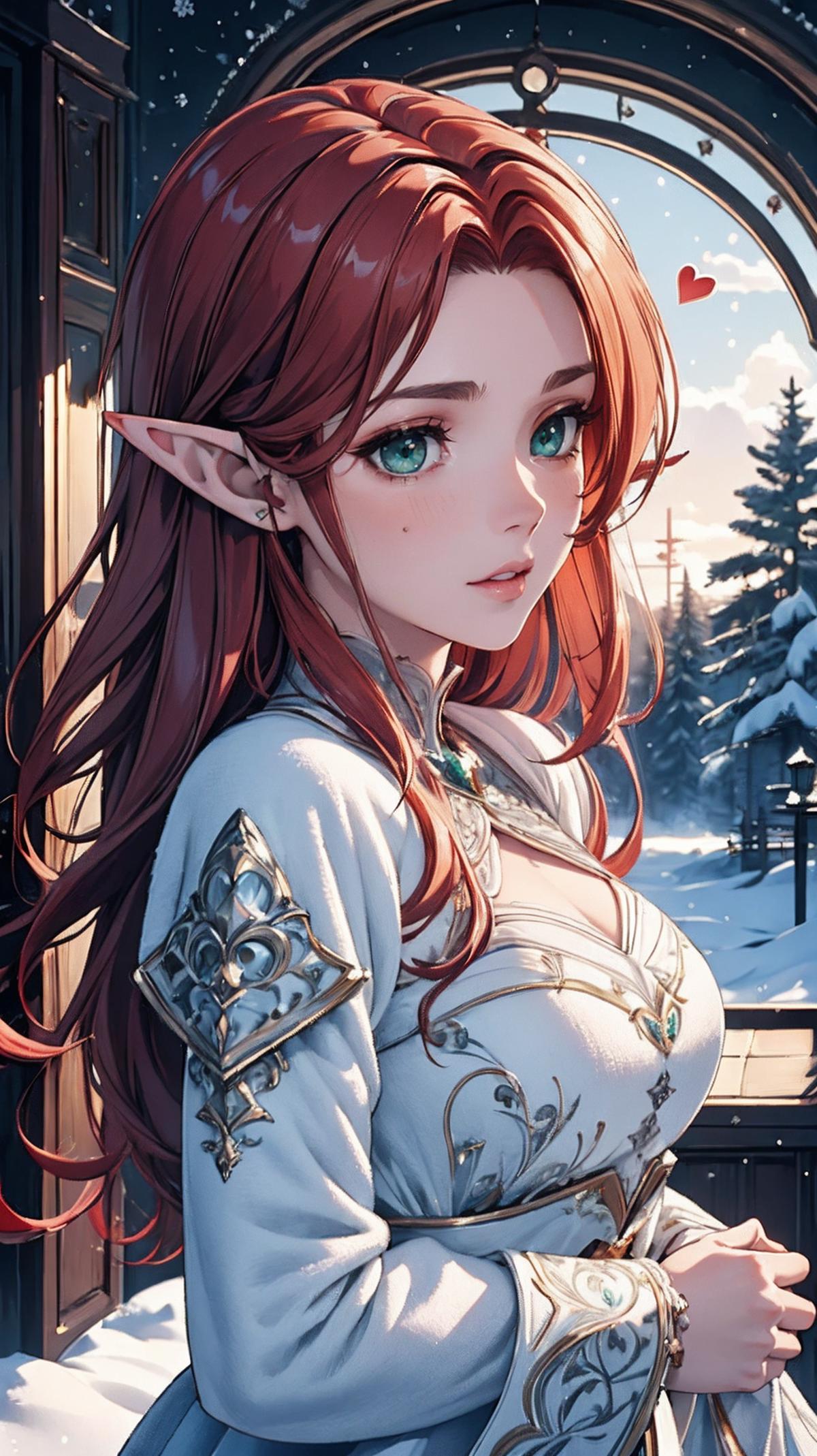 A pretty young girl with red hair wearing a white dress and elven ears.
