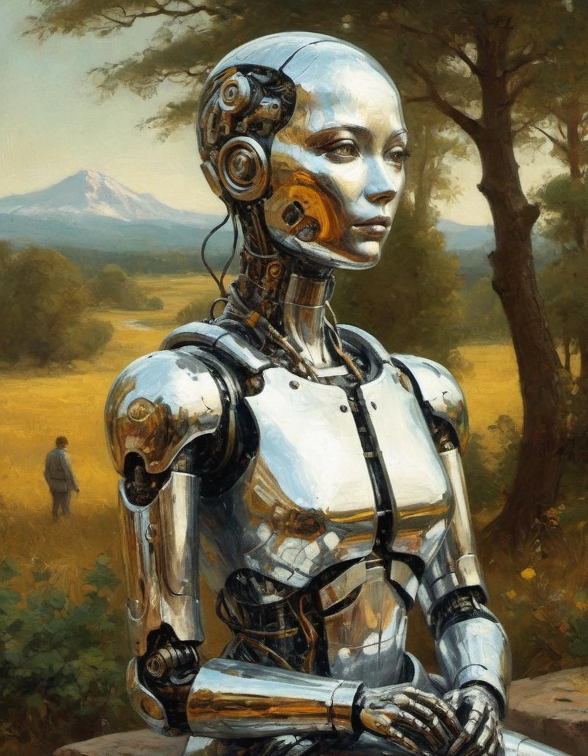 A robotic woman in a metal dress standing in a field with mountains in the background.