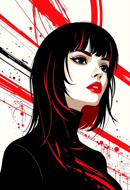 Semirealistic futuristic looking woman with black and red hair in the style of tom whalen, flat colors, black red and white broad strips paint in the background, outrun paint splotches