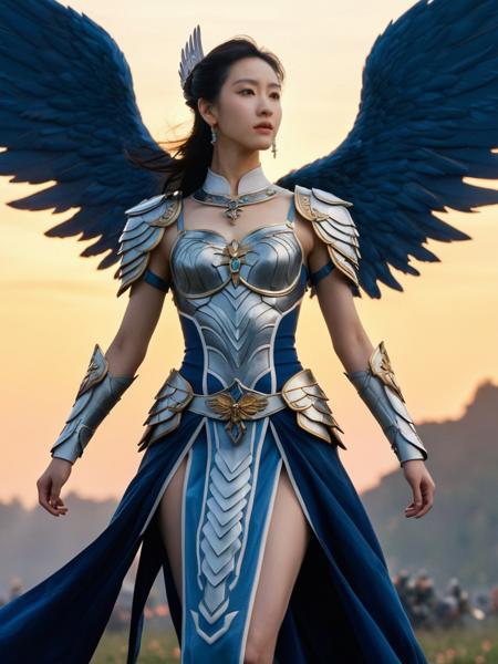 realistic, Skin Textures, High Resolution, Cinematic,long shot, chenduling woman,jewelry,earrings,an archiangel with six wings, heavenly armor, on battle field, stunning beautiful, , arrogant, Enoch Bolles <lora:cdl2_ej_JuggXL_1:0.5>