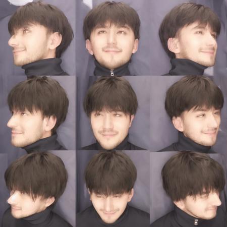 <lora:facegrid:1.0>, facegrid, series of photos of, multiple views,  3boys, antenna hair, bangs, black hair, black shirt, blue jacket, blush stickers, closed mouth, framed, grey eyes, highres, jacket, looking at viewer, lower teeth, male focus, multiple boys, open mouth, red jacket, sana \(37pisana\), shirt, short hair, smile, t-shirt, teeth, tongue, turtleneck, turtleneck jacket, upper body, yellow background, zipper pull tab