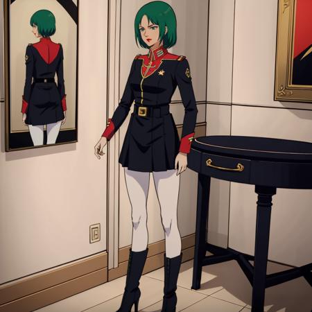 masterpiece,high quality,solo,indoors, 
<lora:jeridandmouar001:0.7>,
mouarpharaoh,1woman,
short hair,green hair,green eyes,lipstick,
jacket,military uniform,long sleeves,
belt,black skirt,
white pantyhose,
black footwear,high heel boots,