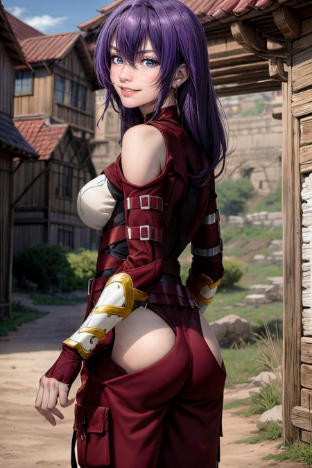 masterpiece, best quality, highres, ultra-detailed, arthur pencilgon, purple hair, long hair, blue eyes, earrings, hair between eyes, bangs, breastplate, clothing cutout, bodysuit, hip vent, gloves, pants, breastplate, fingerless gloves, armor, boots, cowboy shot, looking at viewer, outdoors, day, sunlight, blue sky, open mouth, evil smile, arms behind head