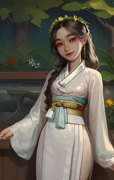 ((spring)), sunny day, birds, korean clothing, intricate clothing, ornate hairstyle, long black hair, hairpin, gold jewelry, hanbok, paleskin, eyeshadow, garden, smile, head wreath