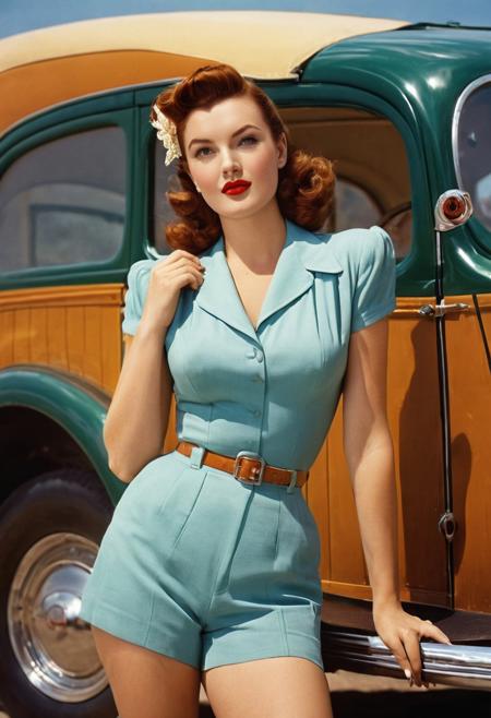 1940s vintage retro, Summer Gleeson DCU, bombshell pinup girl, perfect photo, highly detailed, best quality, fine details, coherent face, full body, technicolor film still screencap, kodachrome photograph