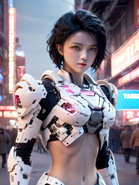 professional 3d model 1girl,Cinematic Lighting,narrow waist,small breasts,<lora:DetailedEyes_xl_V2:1.2>,thin,blush,in street,<lora:shirtlift_SDXL_v2:1>,<lora:Dream mecha girl-sdxl:1.3>,science fiction,mecha,<lora:tangwei_SDXL_1_:1>,tangwei,black hair, . octane render, highly detailed, volumetric, dramatic lighting