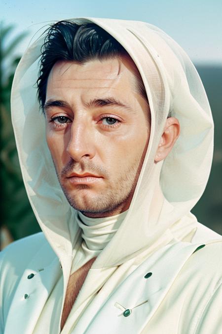 a man in a stunning white suit, long black hair, in the middle of the Sahara desert, upper body, close up, raw, 8k uhd <lora:robertMitchum:1>