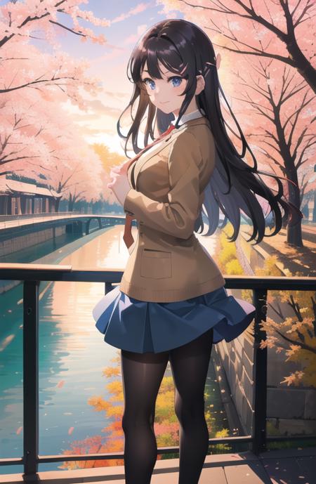 masterpiece, high quality, best quality, high resolution, 4k, high definition, beautiful lighting,highly detailed face, (((well-drawn hands))), well drawn legs,well drawn feet, well-drawn eyes,well drawn fingers,1girl, mai, black hair, long hair, pink rabbit hair clip, blue eyes, brown blazer , brown sweater, red necktie, blue skirt, black pantyhose,hands behind back, sakura season, sakura tress in back ground, autumn season mix,lake side background, on a bridge,  ambient lighting, evening, ,standing , from side, looking at the scenery, smiling,<lora:sakurajima_mai-04:1>