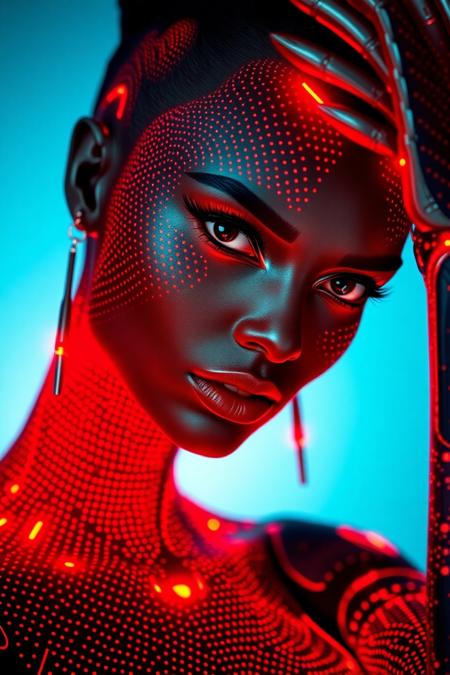 With striking clarity, a futuristic figure emerges, exuding a blend of human and robotic elements. The close-up portrait reveals a woman whose skin is adorned with intricate black dots and illuminated by vibrant red accents, creating a mesmerizing pattern that enhances her striking features. Her intense gaze, framed by elongated winged eyeliner and elegantly styled lashes, conveys an otherworldly presence, while her lips, subtly parted, evoke a sense of intrigue. The soft blue background contrasts with the fiery tones, highlighting the luminous details of her cybernetic design. This image radiates a captivating narrative of technology intertwined with beauty, inviting viewers to ponder the possibilities of a futuristic aesthetic.