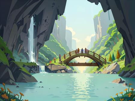 a bridge over a river in a cave like area with a waterfall,style_tombraider,
aqichahua,illustration,flat color,Flat style,Masterpiece,best quality,landscape,plan,<lora:Landscape illustration:0.8>,,day,sunny enough,waterfall of flowing water,æºèµ·çæ°´è±,, Masterpiece, high-quality,