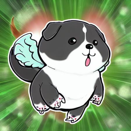 Yu-Gi-Oh!(creature),Yu-Gi-Oh!, lovely, no humans, dog, wings, animal focus, animal, black eyes, green background, tail, striped, shiba inu, full body, outline