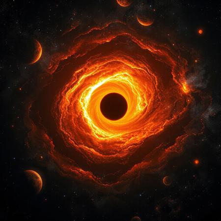 Ultra-realistic, masterpiece,amazing quality, black hole with orange light, black hole is sucking in any light around it, the vast space of the universe with dozens of suns, nebulas and a supermassive black hole in its center, brilliant shining stars around it, a mesmerizing picture, 
engaging, compelling composition,