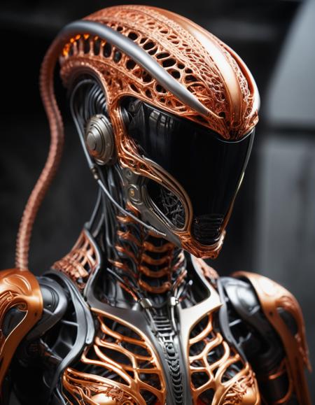 metallic delicate intricate pattern of lava in the shape of a female xenomorph robocop, made of fiery burning lava string, mesh, pattern, weave, thin, pale, pipes, machinery, industrial, complex, engineering
