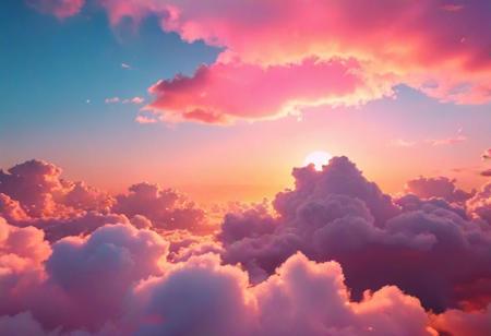 a view of a sunset over a cloud filled sky, heaven background, luminous sky heaven background, pastel colored sunrise, vaporwave sunrise background, sunrise background, heavenly colors, dream heavenly cloudy sky, beautiful sunrise, very colorful heavenly, background heavenly sky, sunset in the clouds, fluffy pastel clouds, vibrant sunrise, sunny sky background