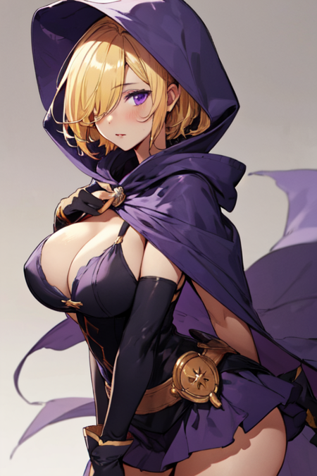 PearlHarem, 1girl, blonde hair, solo, hair over one eye, purple eyes, purple hood, cape, short hair, purple gloves, large breasts, cleavage, short dress, cloak