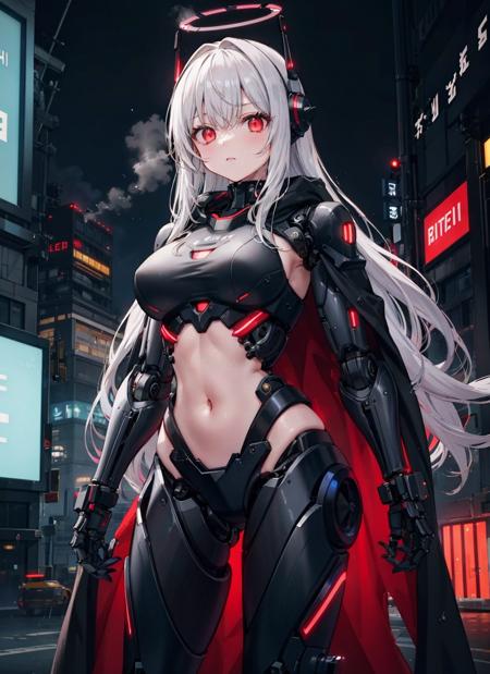 1girl,solo,large breasts, 
cyberpunk,outdoors,ruins,cityscape, red eyes, very long hair, 
<lora:T88[mecha musume, mechanical parts, robot joints,android,mechanical body,headgear]:0.6>,
mecha musume, mechanical parts, robot joints,android,mechanical body,
standing, cowboy shot, expressionless, mechanical halo, rain, headgear, steaming body,neon trim, neon lights,navel,cloak, glowing eyes, highleg, groin,